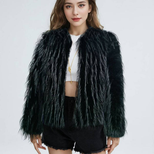 Fringed Faux Fur Short Coat Women Solid Color