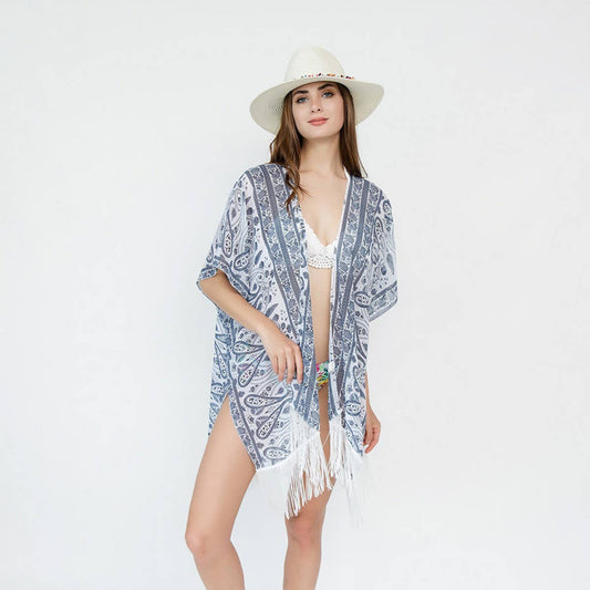 TASSEL PAISLEY PRINT OPEN FRONT KIMONO CARDIGAN