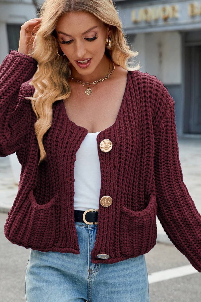 CWOCAL00845_SOLID COLOR LOOSE KNITTED CARDIGAN SWEATER