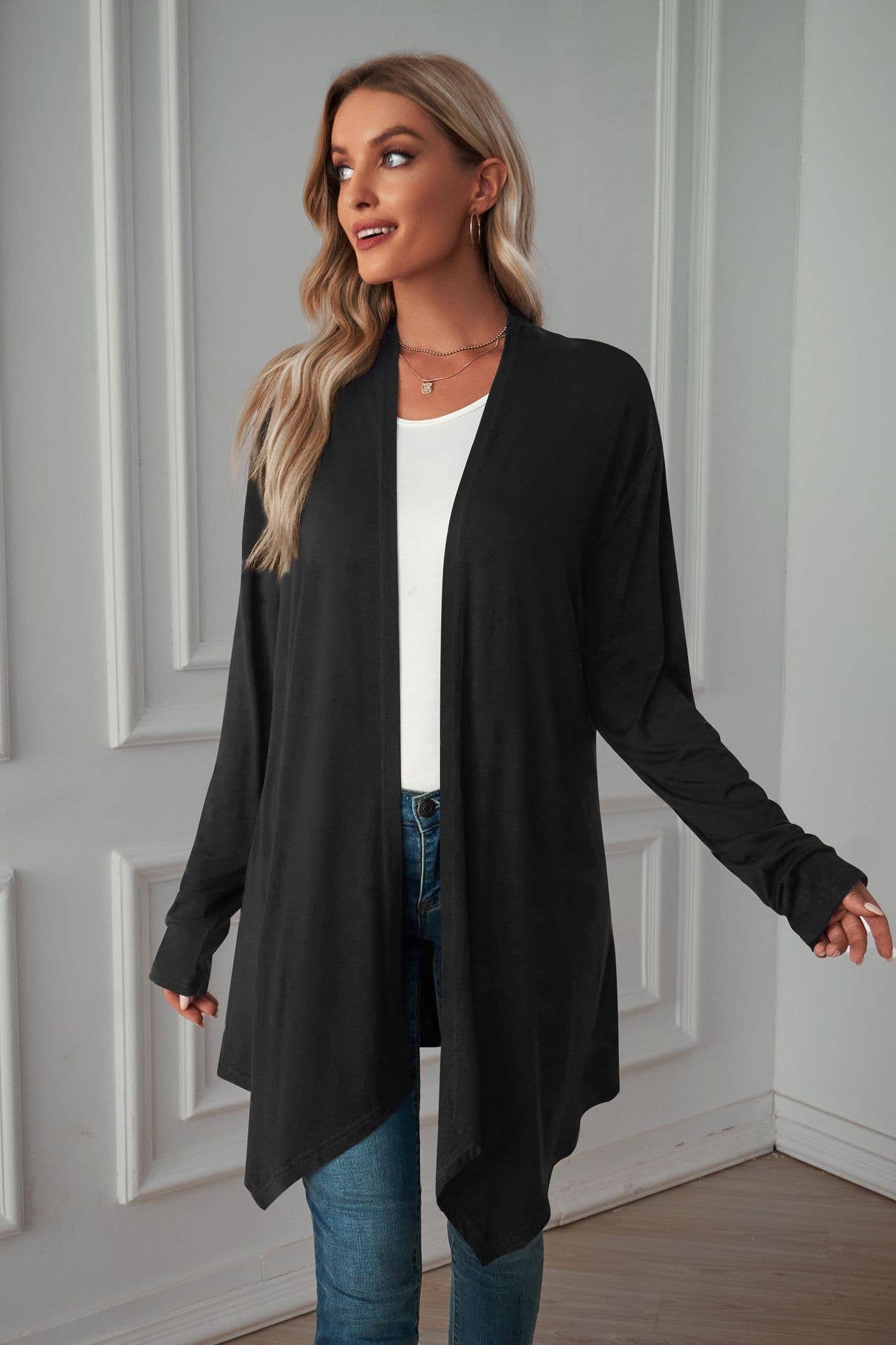 Solid color long unbuttoned cardigan