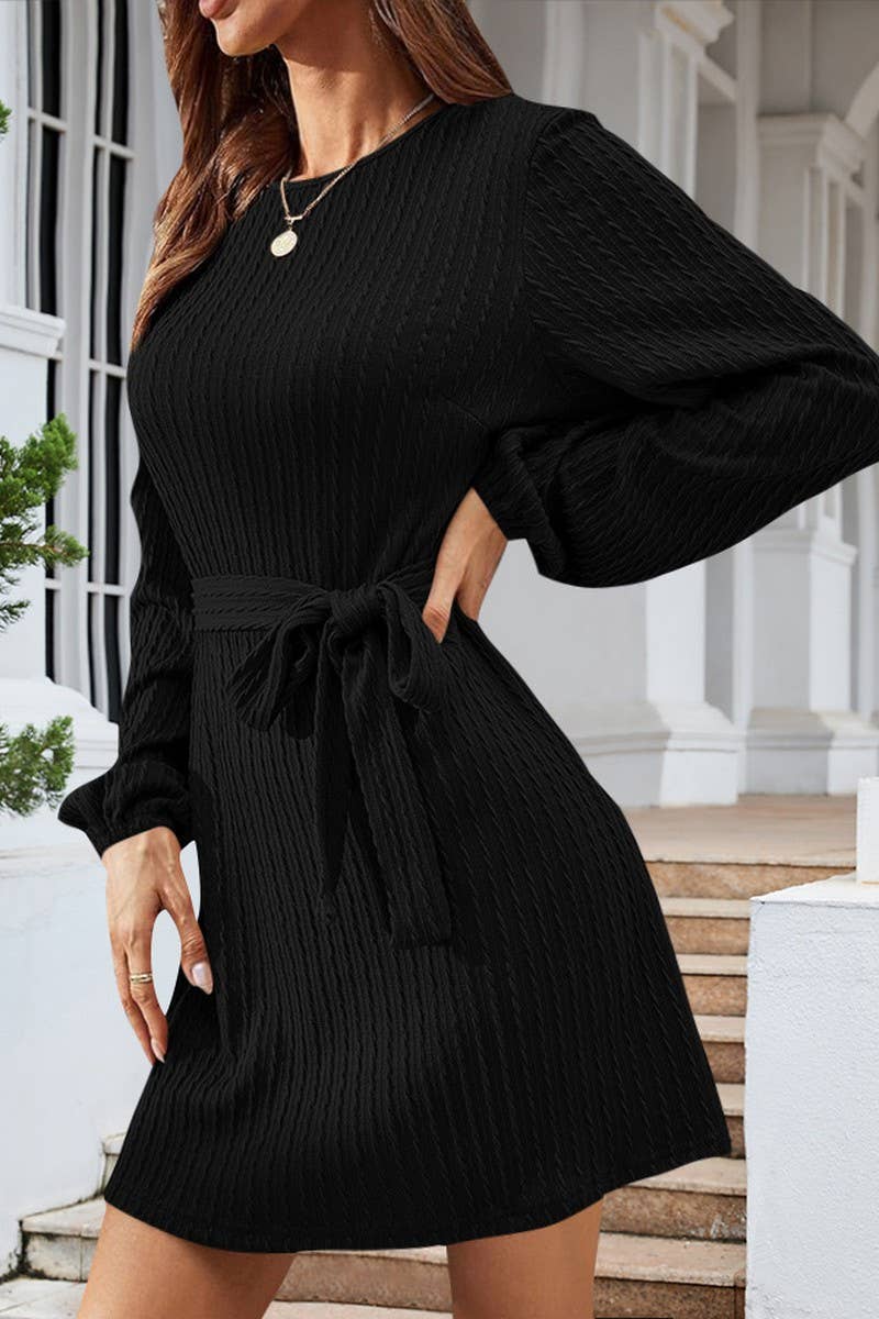 CWDSD7222_NEW STYLE CABLE KNITTED PUFF SLEEVE CASUAL DRESS