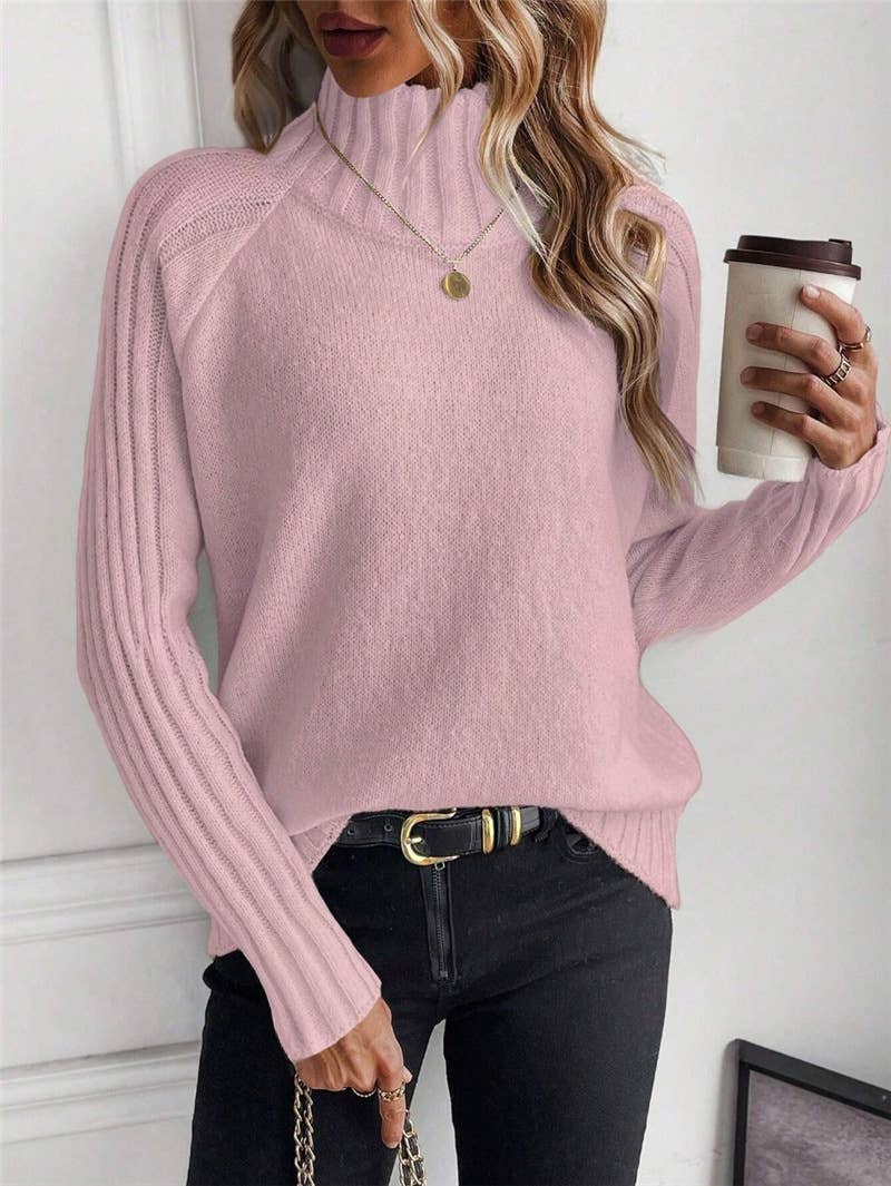 Solid-colored high-neck long-sleeved sweater