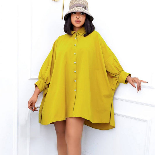 LOOSE LAPEL SOLID COLOR OVERSIZED SHIRT DRESS