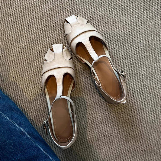 Vintage Leather Open Toe Chunky Heel Sandals