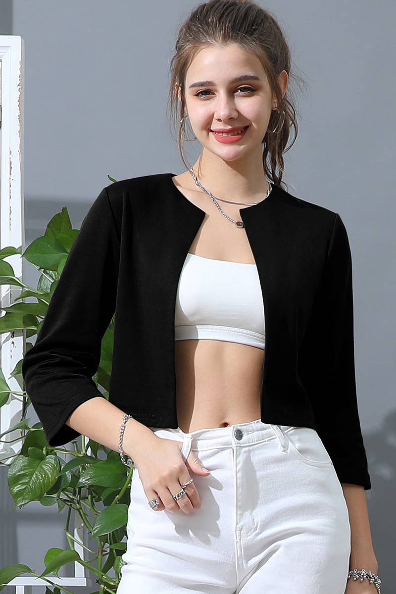 CWOBL105_SOLID OPEN FRONT 3/4 SLEEVE JACKET BLAZER