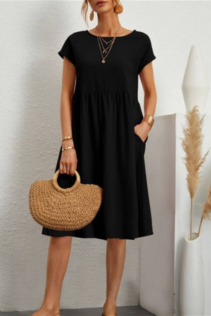 CWDSD10613_SUMMER TEMPERAMENT ROUND NECK A-LINE DRESS