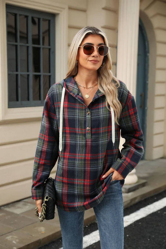 CWOHOL1113_AUTUMN AND WINTER PLAID LOOSE HOODED SWEATSHIRT