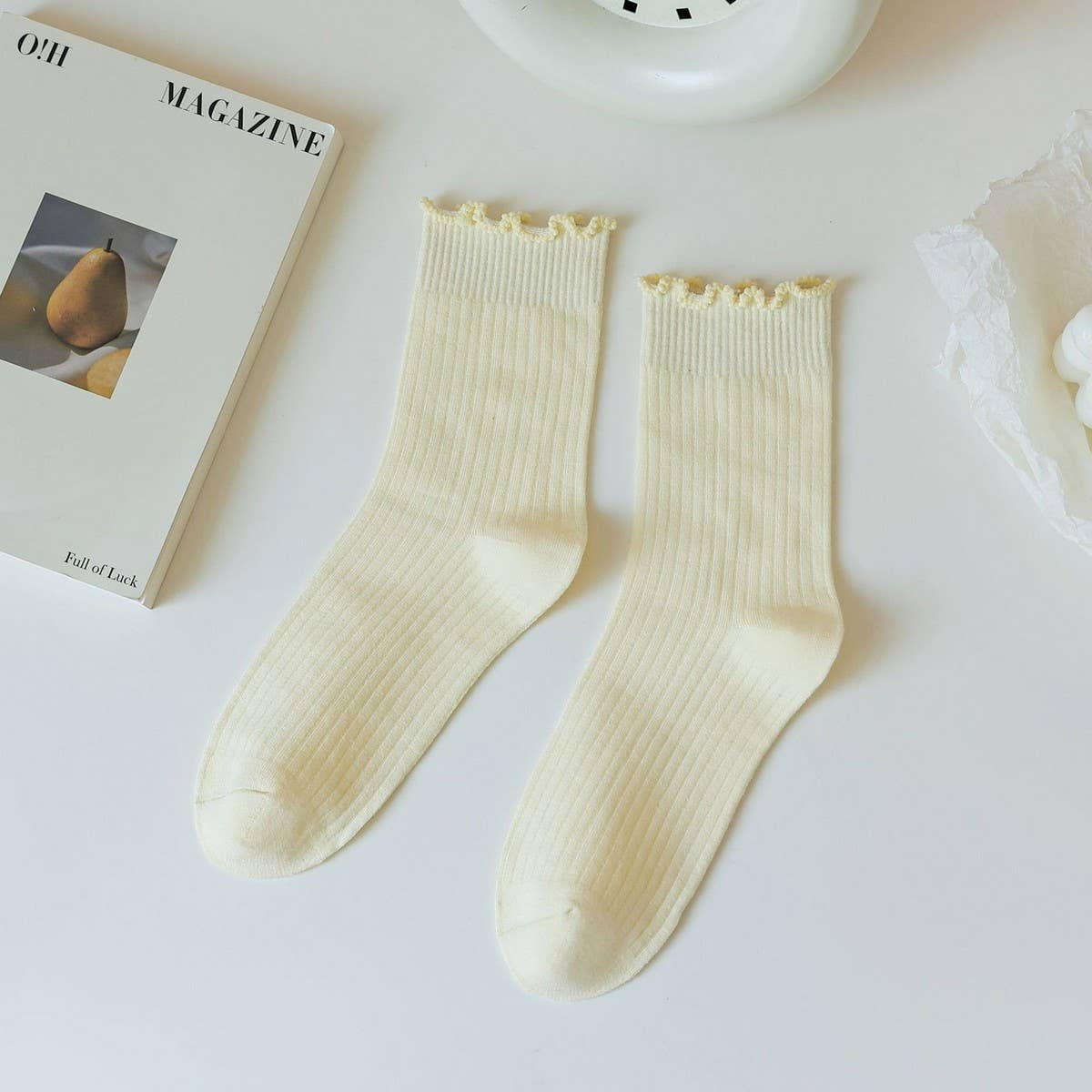 CWMS2506_SOLID COLOR RUFFLED ALL-MATCH SOCKS