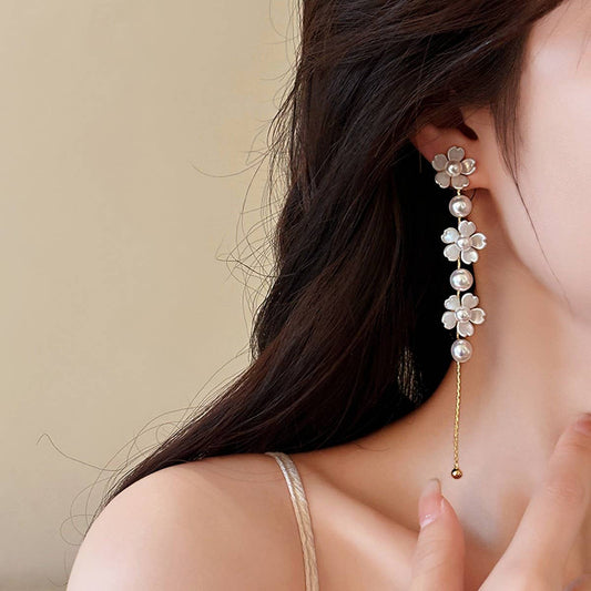 FRENCH RETRO PEARL FLOWER LONG TASSEL EARRINGS