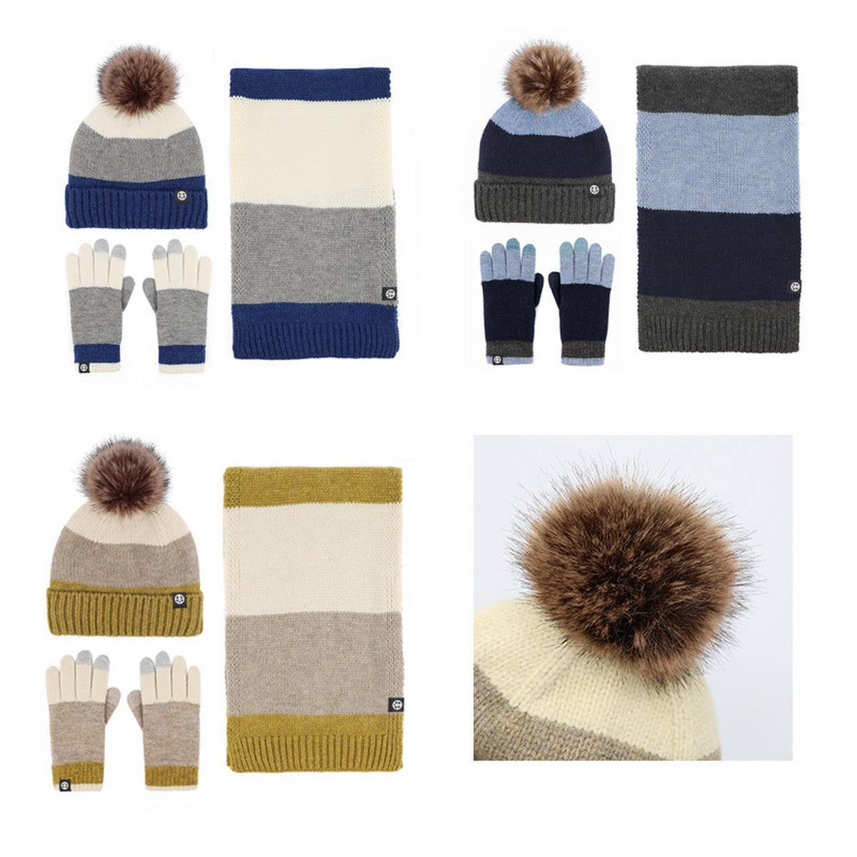 WINTER KNITTED CONTRAST POM POM THREE PIECE SUIT