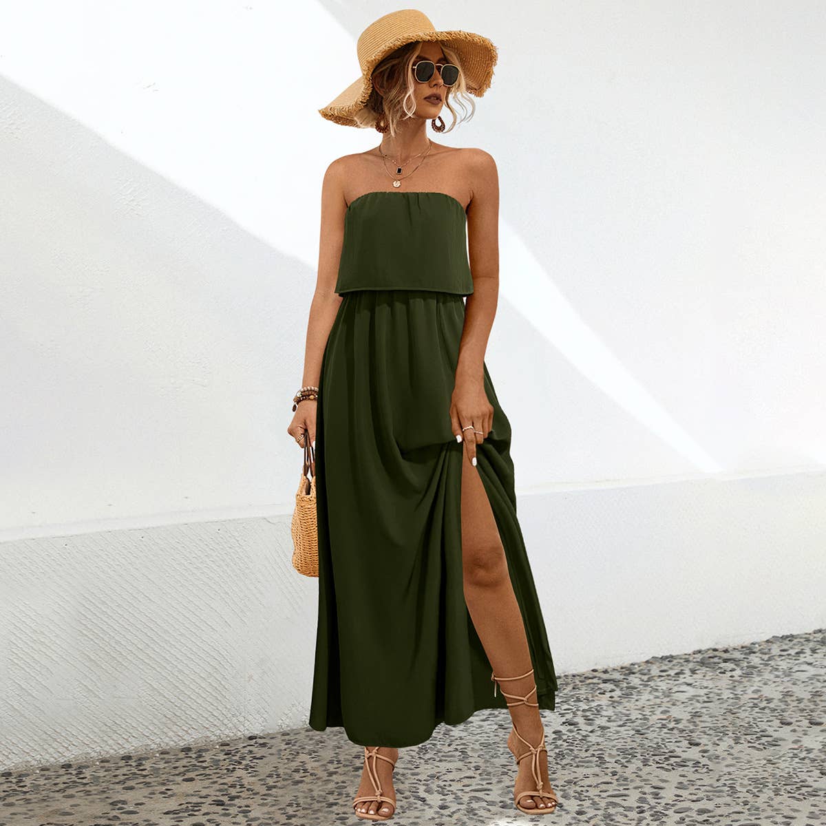 Sexy strapless floral high-waisted long dress