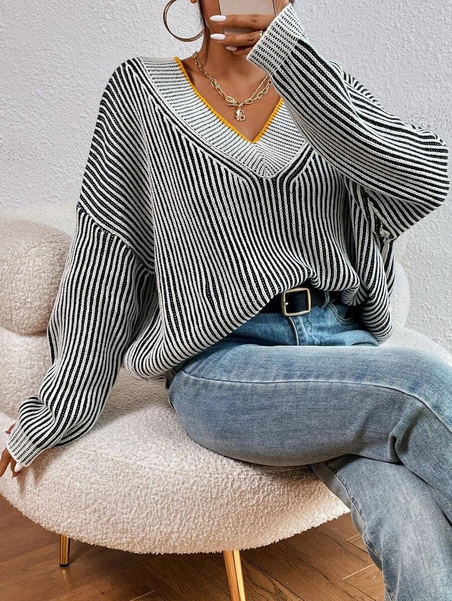 V-neck loose striped batsleeved sweater