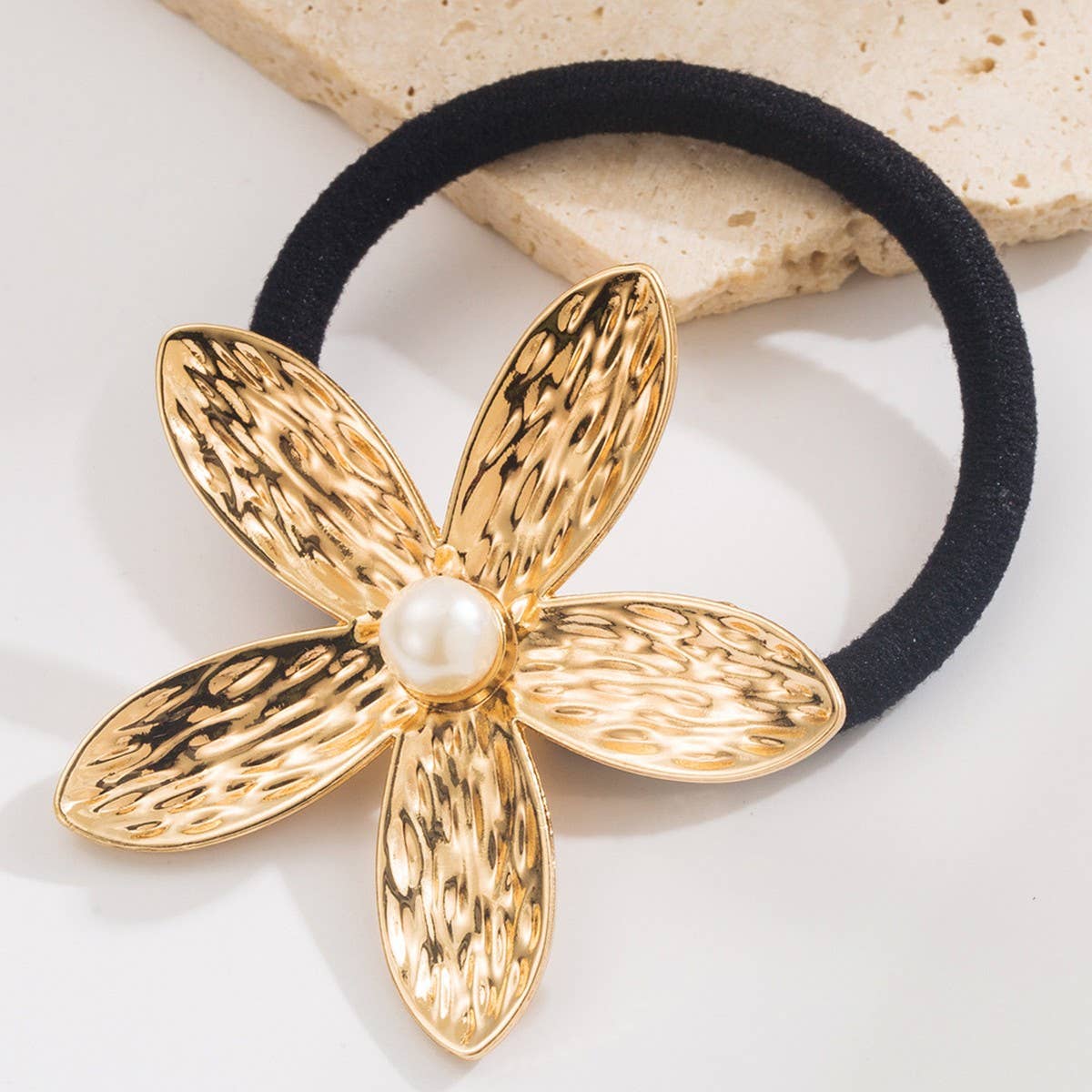 Metal Ginkgo Leaf Hair Tie with Pearl Accent