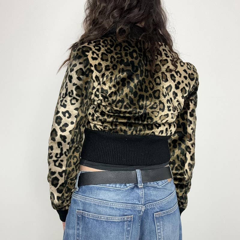 TURTLENECK RIBBED PATCHWORK LEOPARD VELVET JACKET