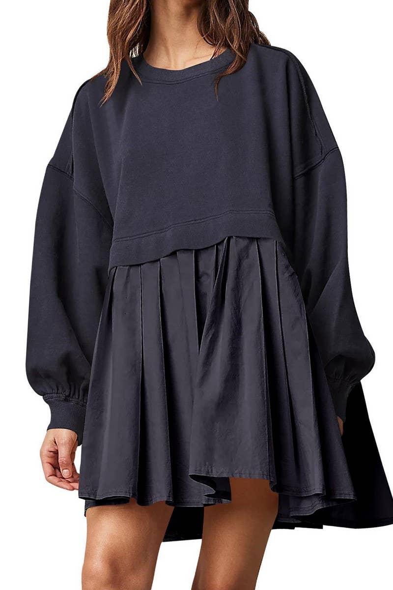 CWDSD10615_FAKE TWO-PIECE COLORBLOCK LOOSE PLEATED DRESS