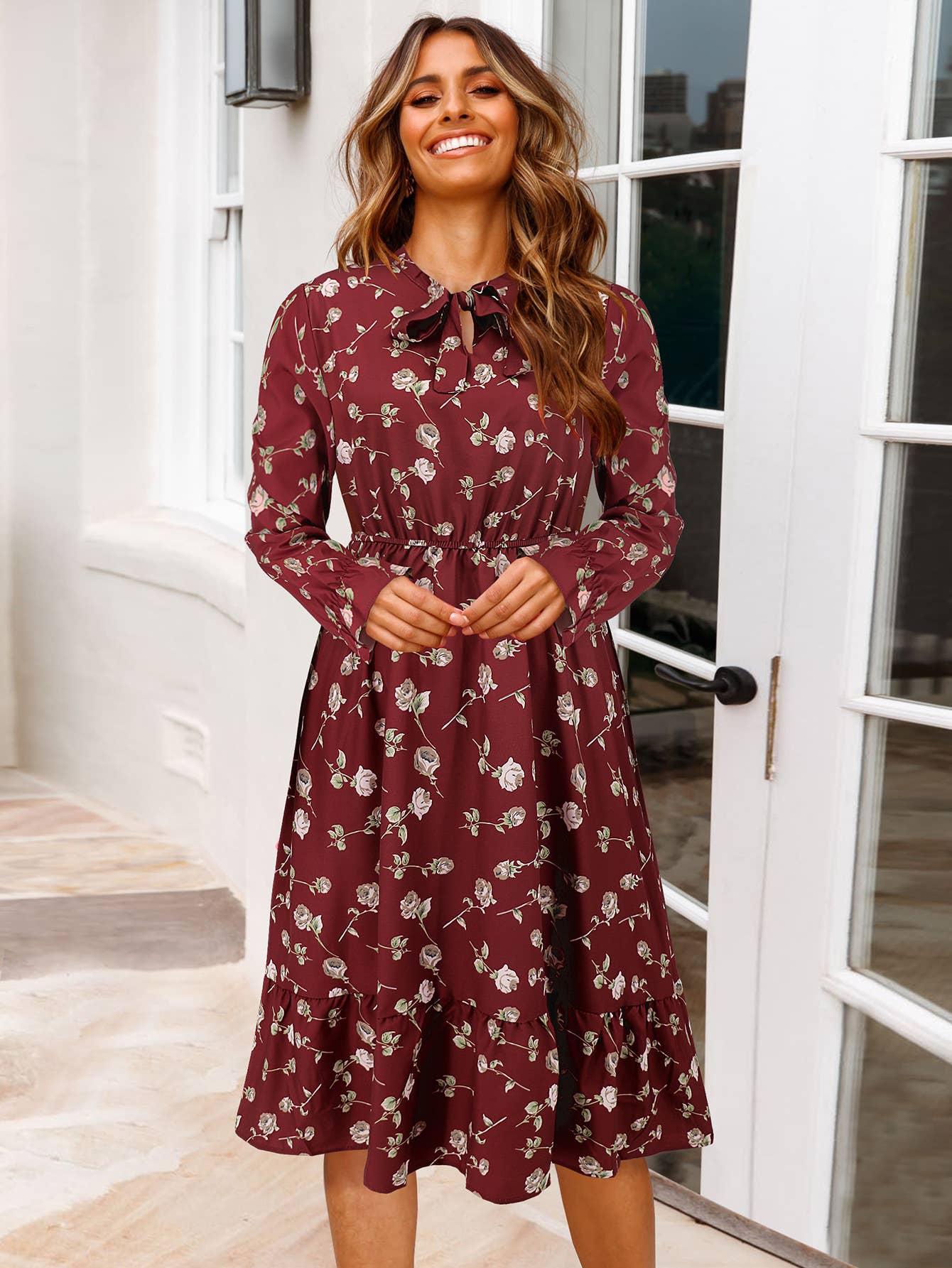 Waist-Cinched Floral Ruffle Bell Sleeve Dress