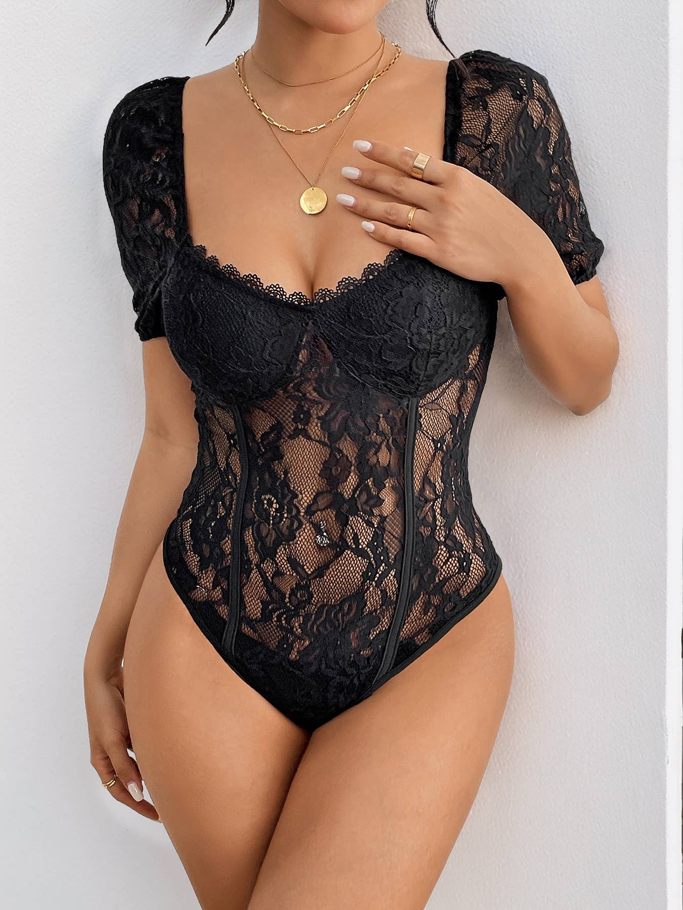 Sexy lace solid color square collar jumpsuit