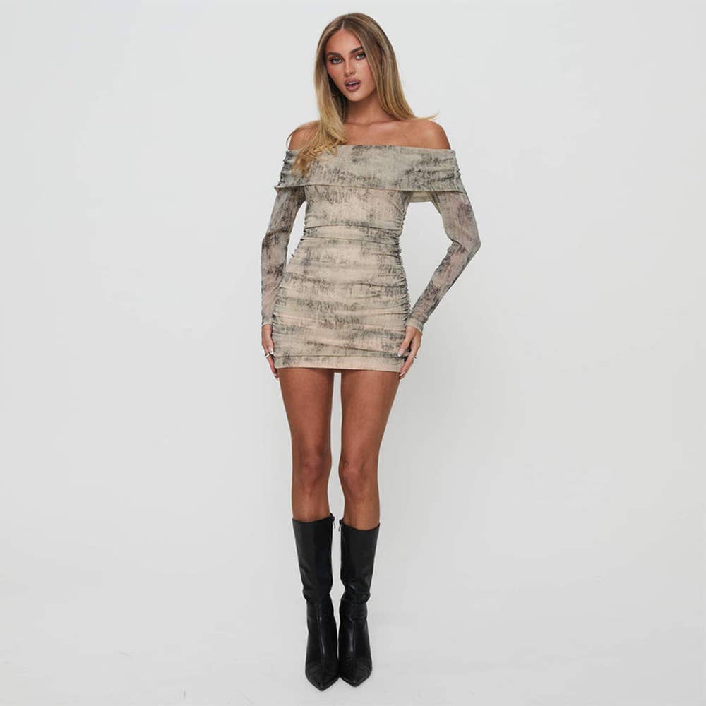 TIE DYE LONG SLEEVE LINE NECK SEXY SPICE DRESS