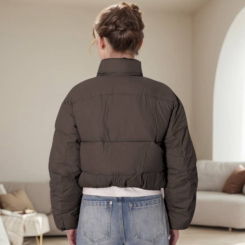 SOLID COLOR STANDING COLLAR WARM SHORT JACKET