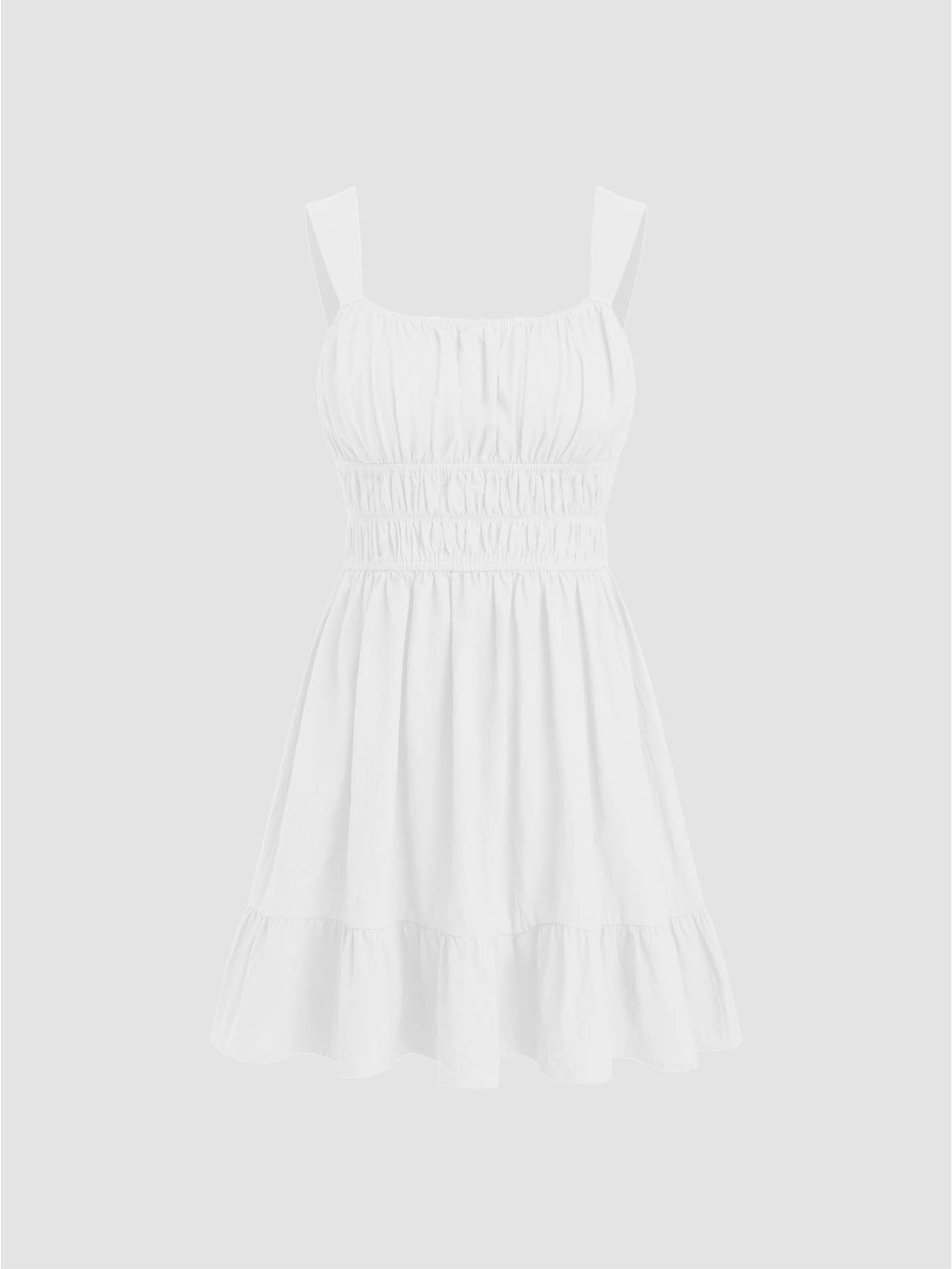 Square-neck pleated cinched waist dress