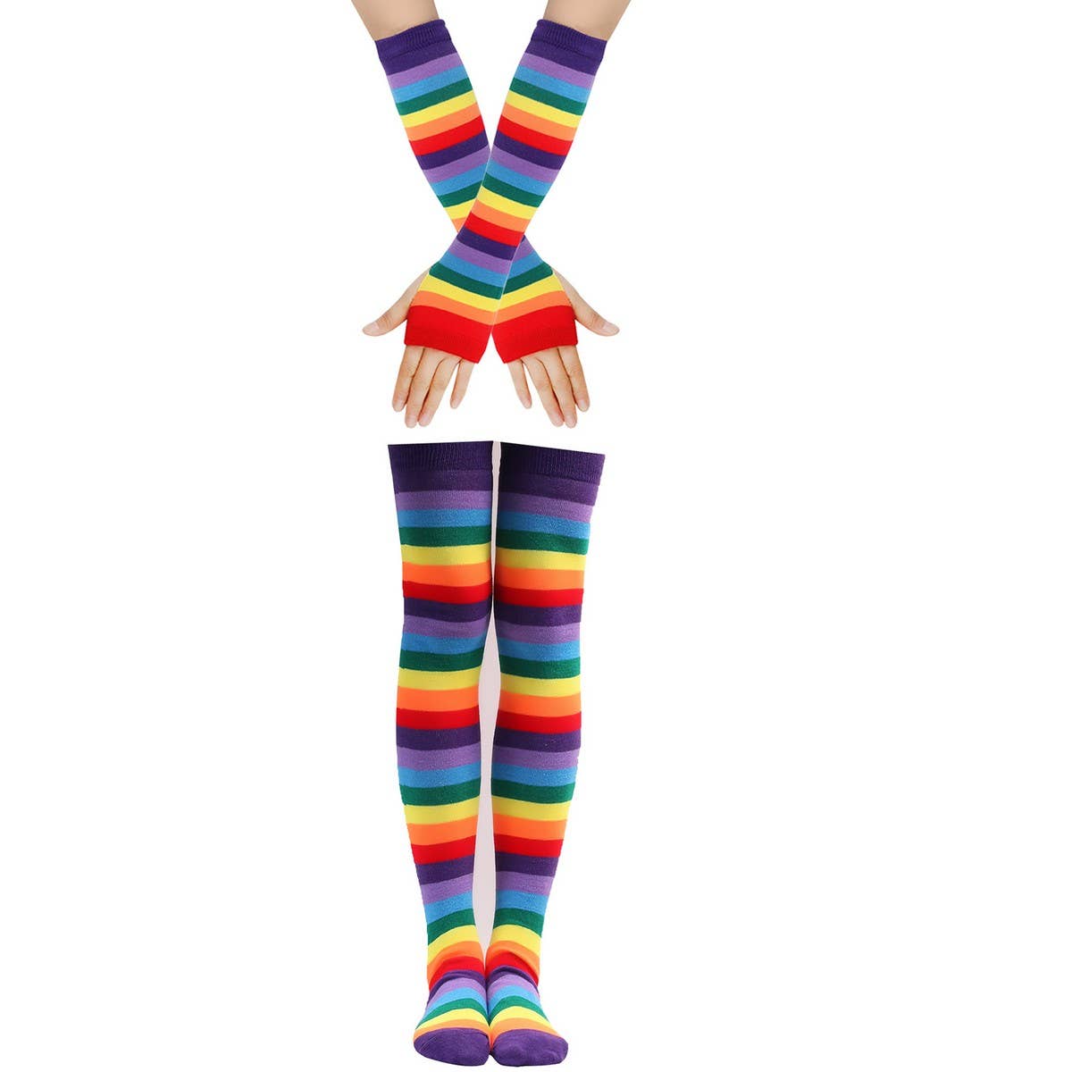 COLORFUL STRIPED KNEE SOCKS AND GLOVES SET