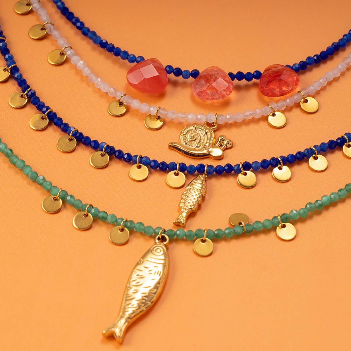 Natural Stone Necklace with Fish Pendant