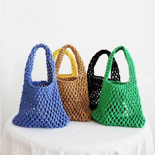 Small Cotton Rope Solid Beach Bags Totes With Mesh_CWAB1989