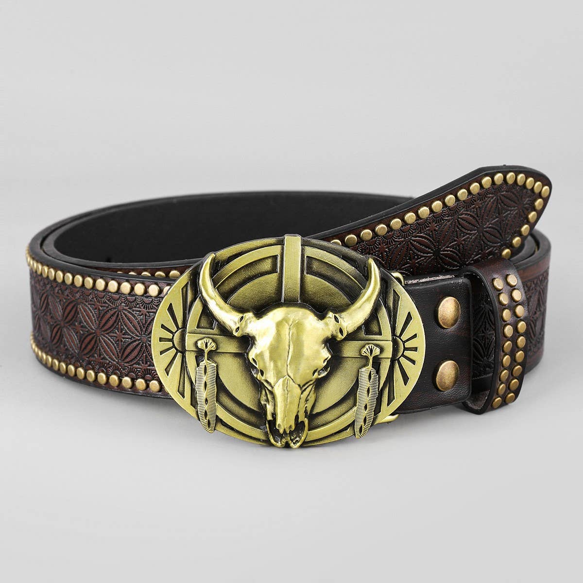 WESTERN LEATHER BELT WITH BULL HEAD BUCKLE RIVET _CWABE0415