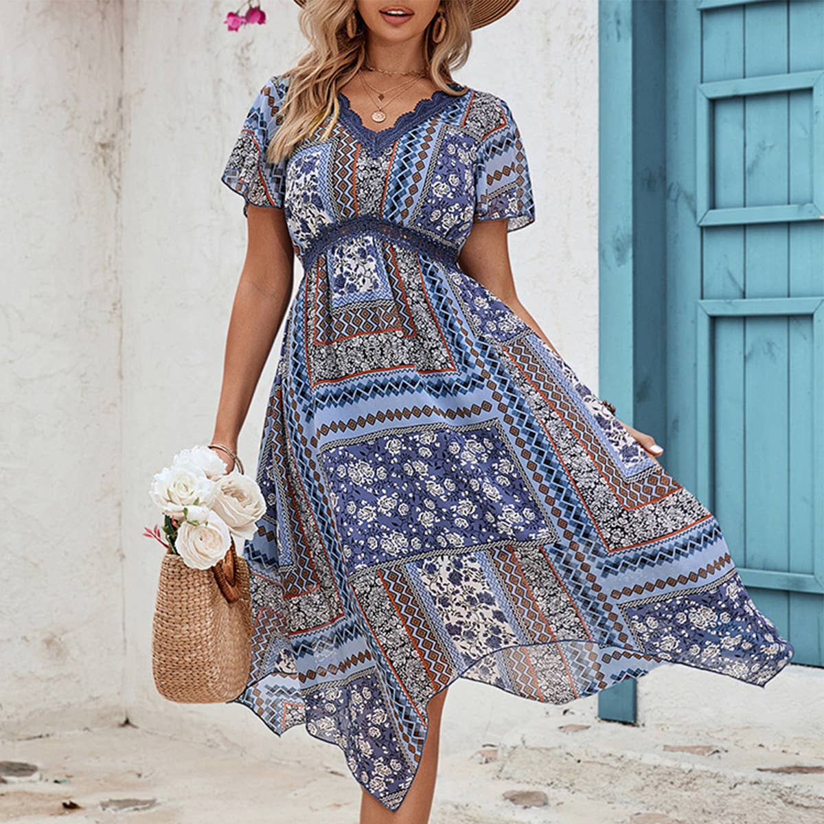 Irregular long skirt Bohemian printed dress