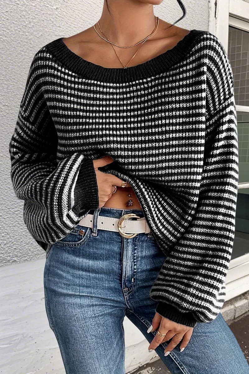 CWOSWL07623_OFF SHOULDER STRIPED KNIT PULLOVER SWEATER