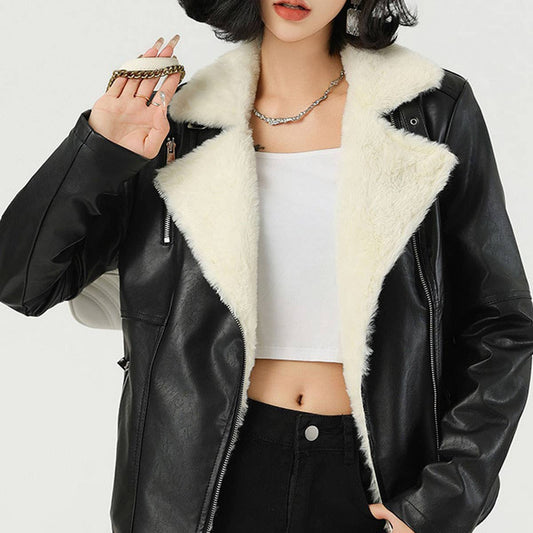 Fleece-Lined PU Jacket ?Winter Short Leather Coat