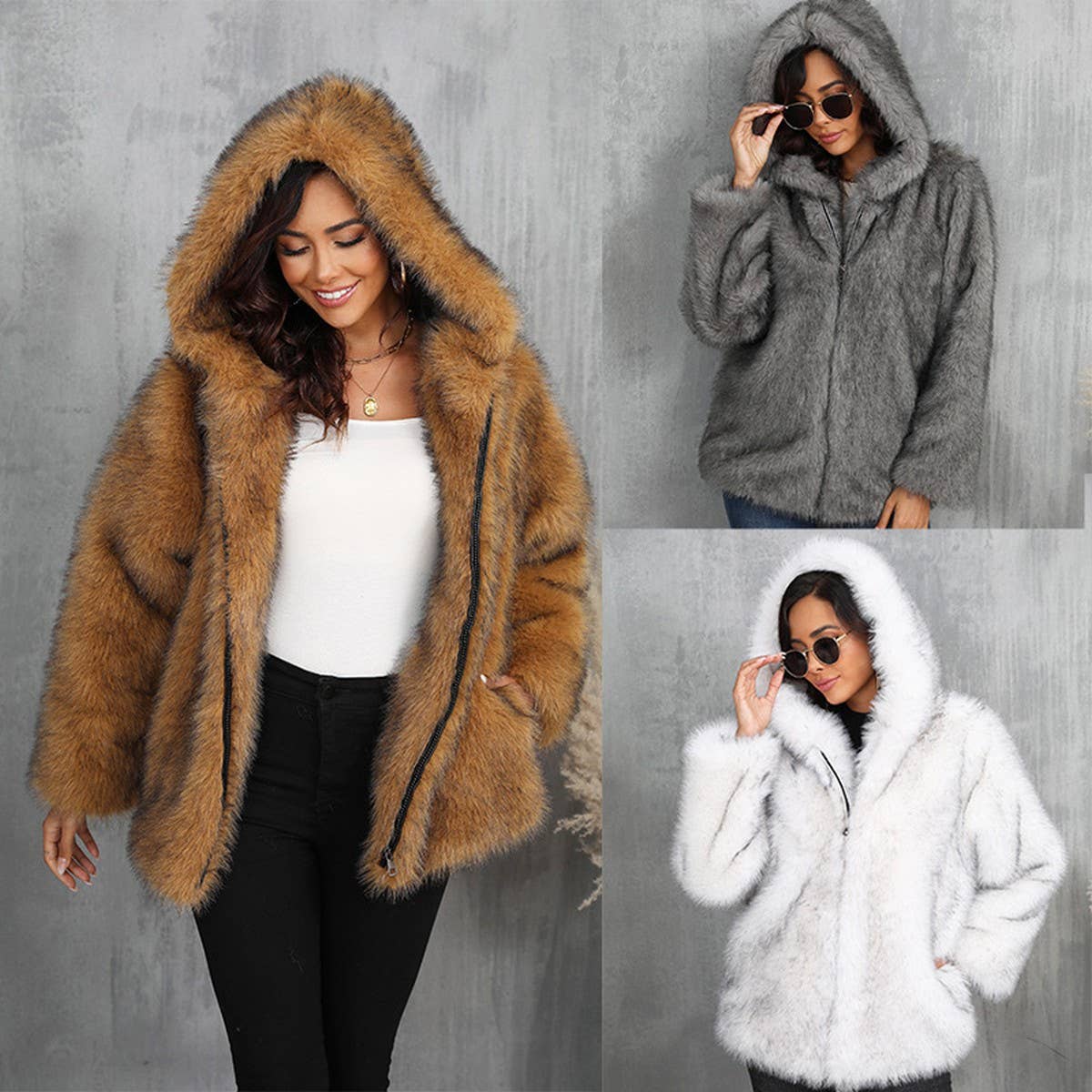 Loose Fit Faux Fur Coat Women Hooded Short Winter