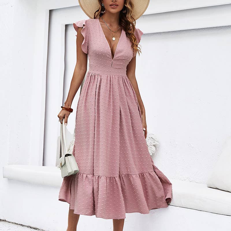 V-NECK SLIM SLIM SLIT SOLID COLOR LONG DRESS