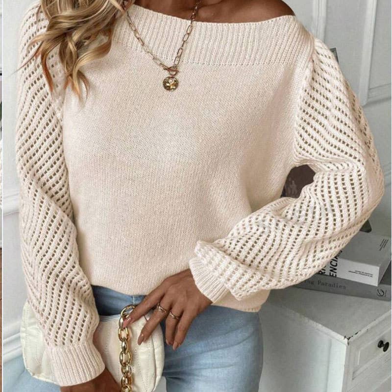 HOLLOW-OUT LONG-SLEEVED LINENECK PULLOVER SWEATER