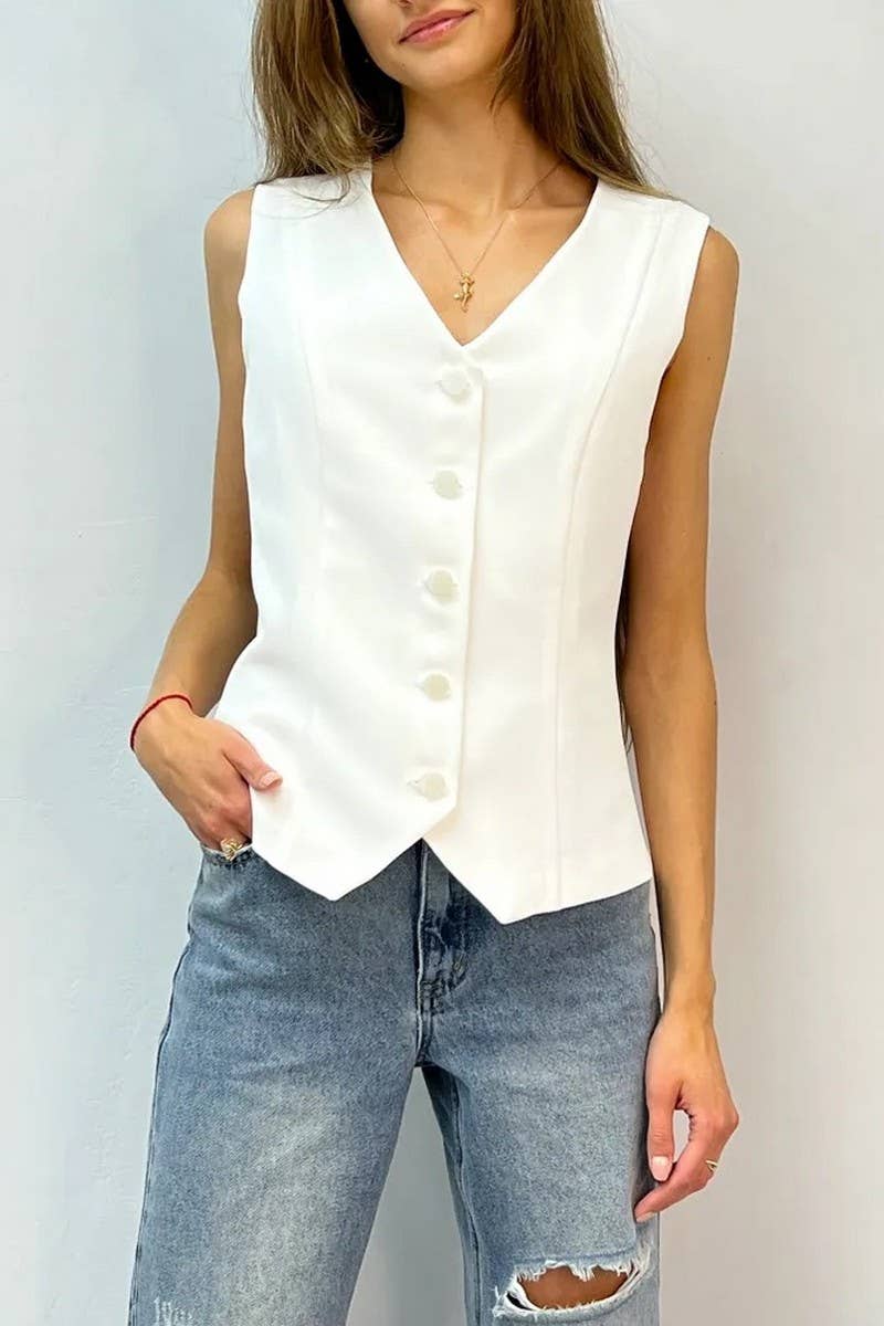 CWOJA00799_2025 WOMEN V NECK SLEEVELESS CARDIGAN VEST TOP