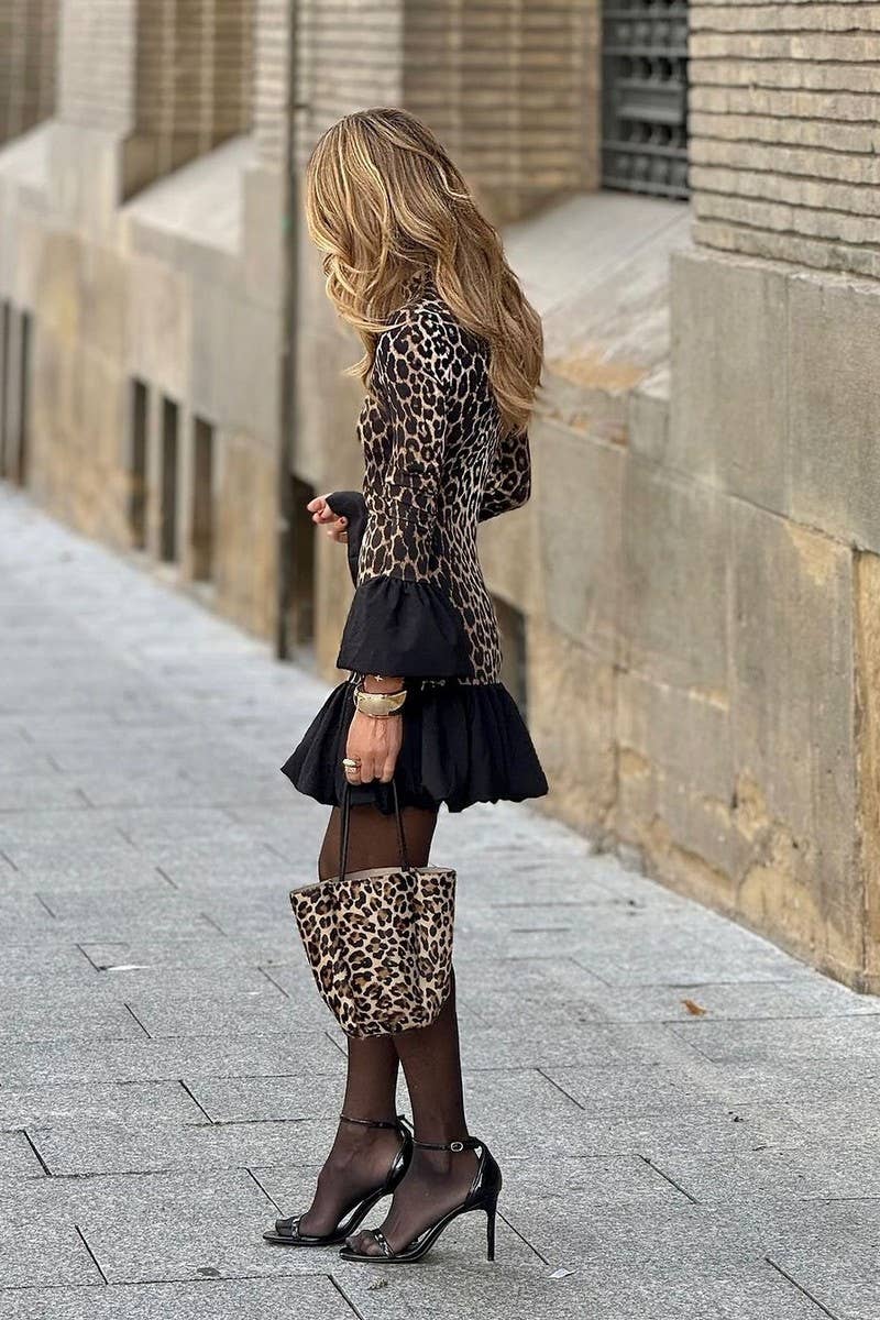 CWDSD8428_SPRING LEOPARD PRINT FLARED SLEEVE RUFFLE DRESS