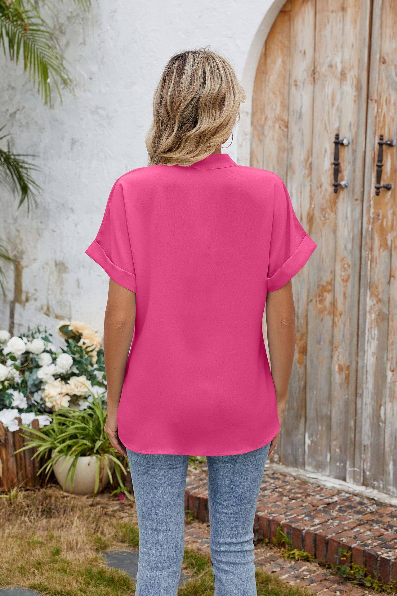 Solid color V-neck short sleeve button chiffon
