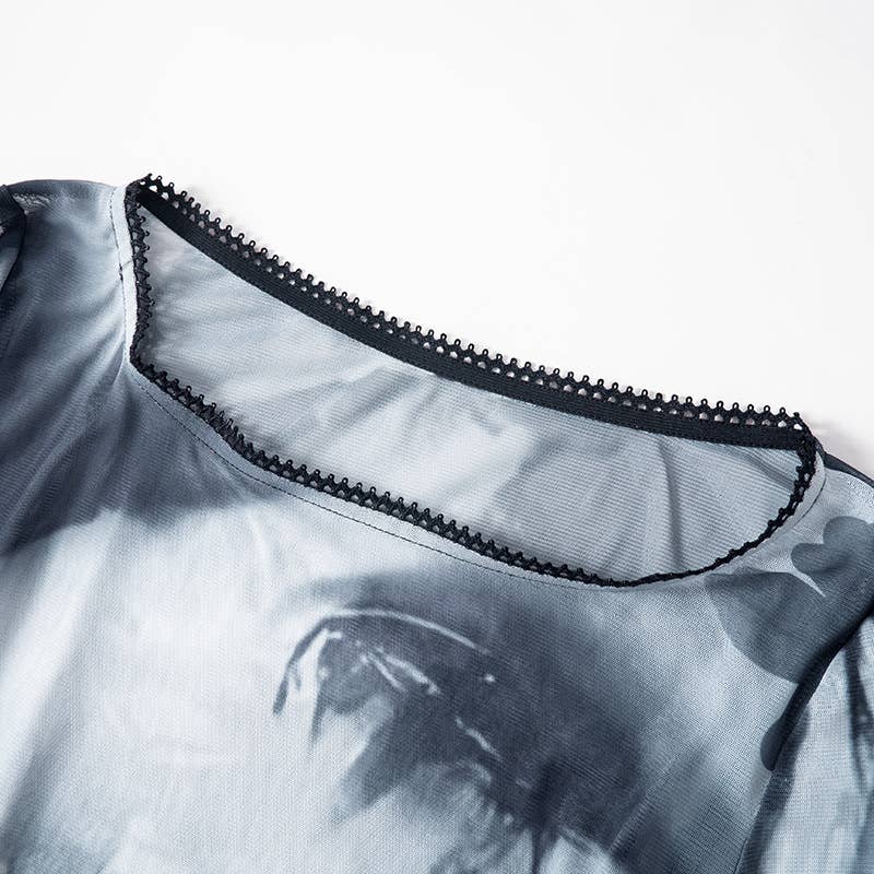 PRINTED CREW NECK DRESS WITH FLARED SLEEVES