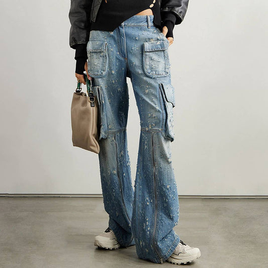 WASHED AND DISTRESSED STRAIGHT LEG JEANS