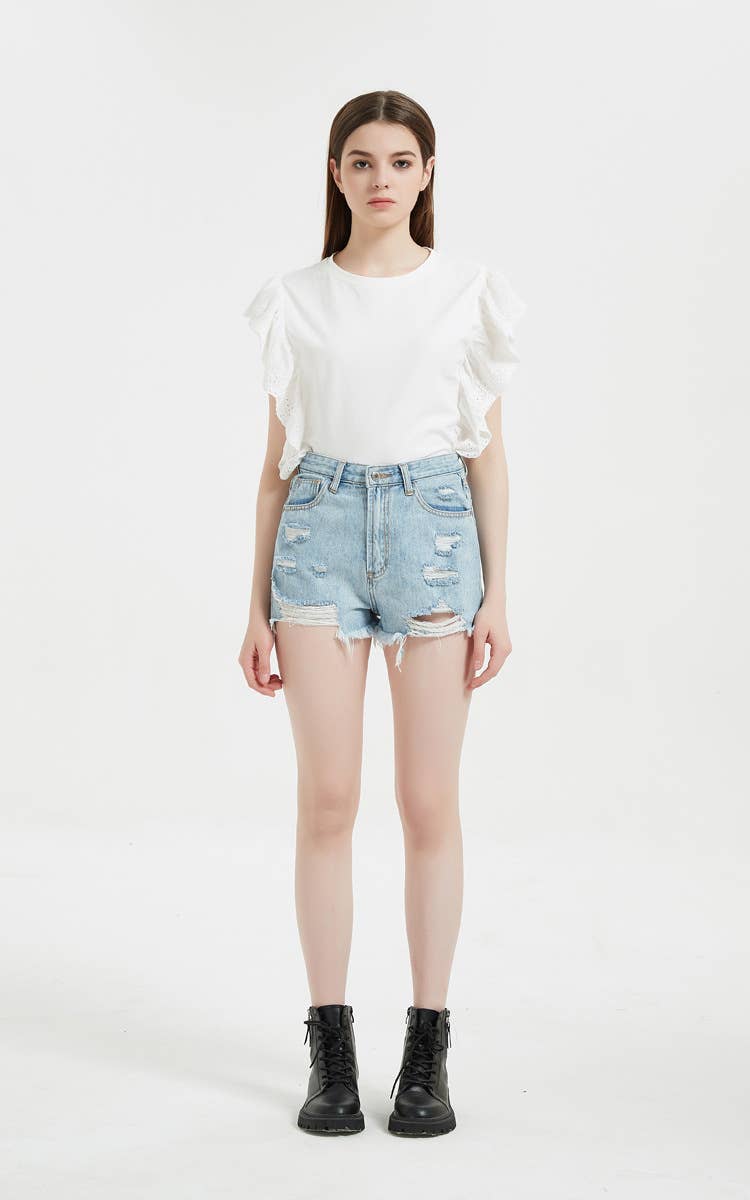 HIGH-WAISTED RIPPED HOT PANTS DENIM SHORTS