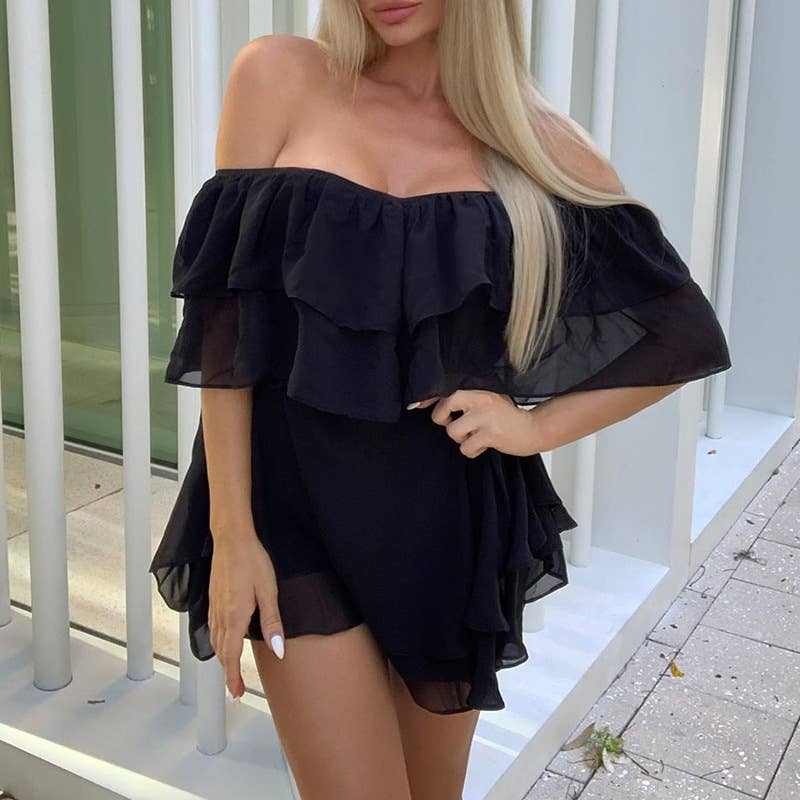 Off-shoulder sleeveless ruffle mini chiffon dress