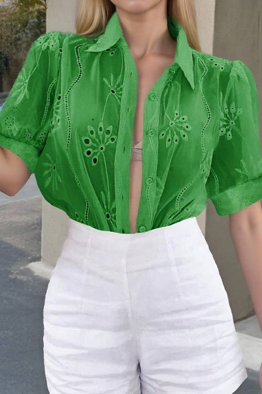 CWDSD8926_SUMMER HOT GIRL STYLE HOLLOW SHORT SLEEVE SHIRT