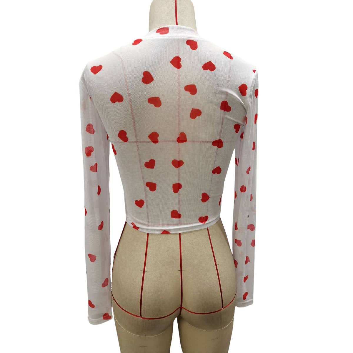 CUTE HEART PRINT MESH ROUND NECK LONG SLEEVE TOP