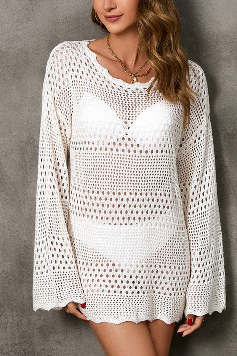 CWTBLL3657_HOLLOW KNIT CARDIGAN BELL SLEEVE BEACH DRESS