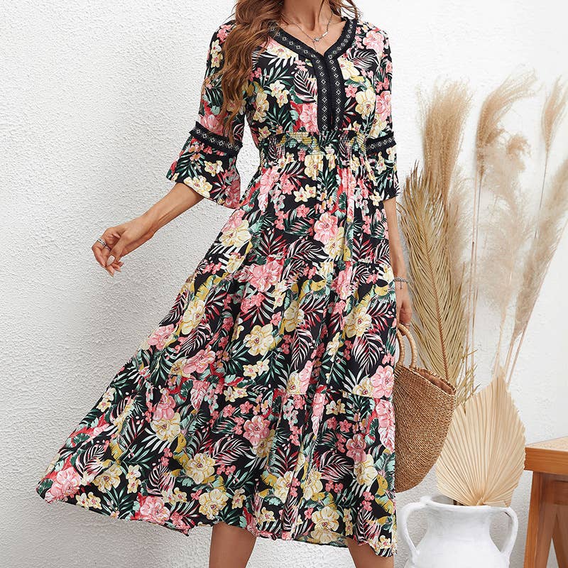 LONG V-NECK DRESS WITH SEVEN-POINT SLEEVES