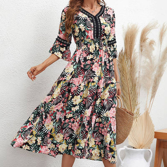 LONG V-NECK DRESS WITH SEVEN-POINT SLEEVES