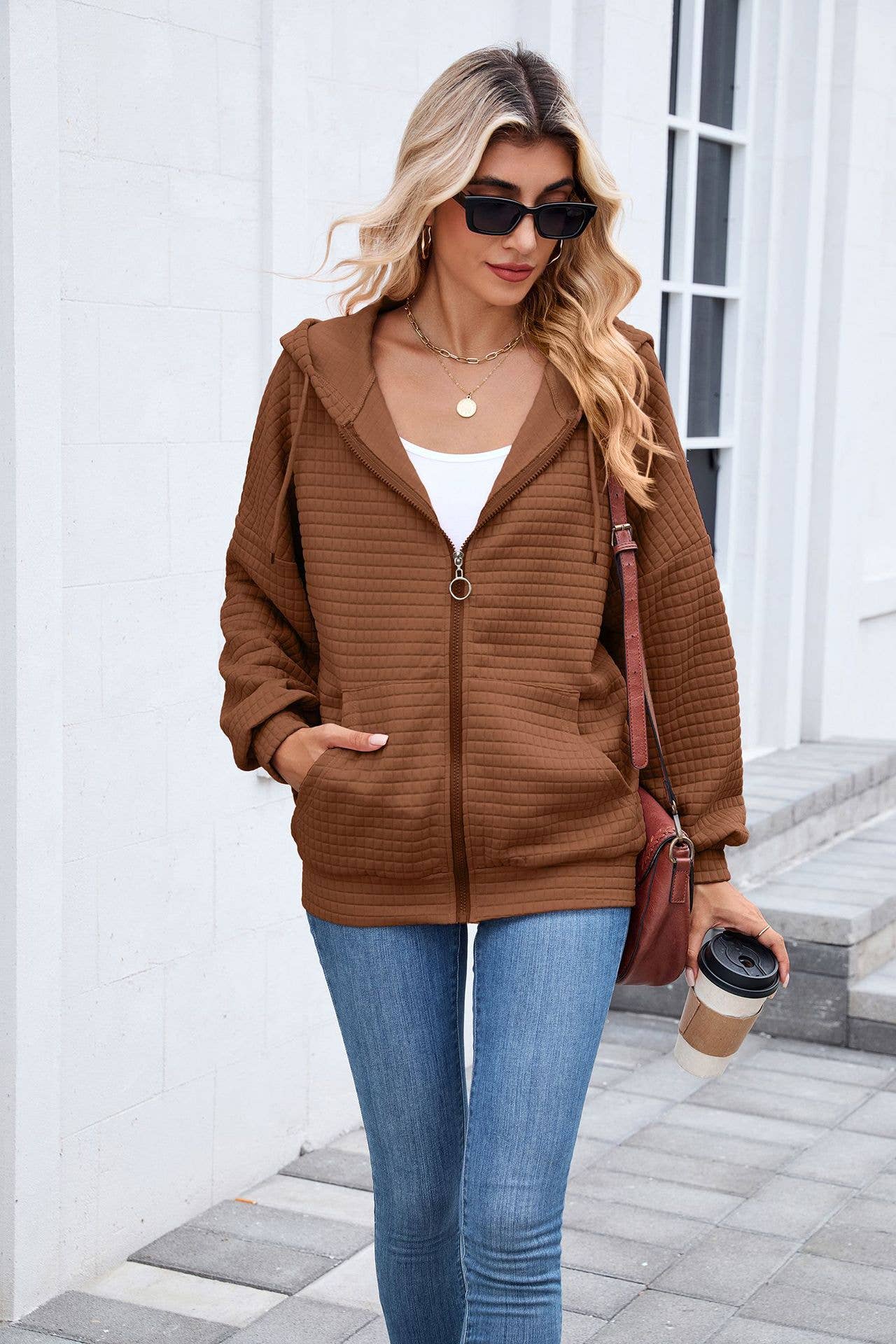 Solid-color zipper long-sleeved hooded coat