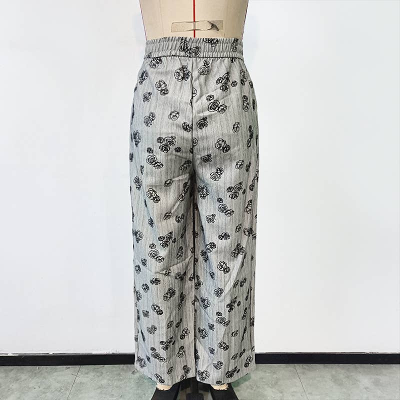 FLORAL PRINT ELASTIC WAIST STRAIGHT LEG PANTS