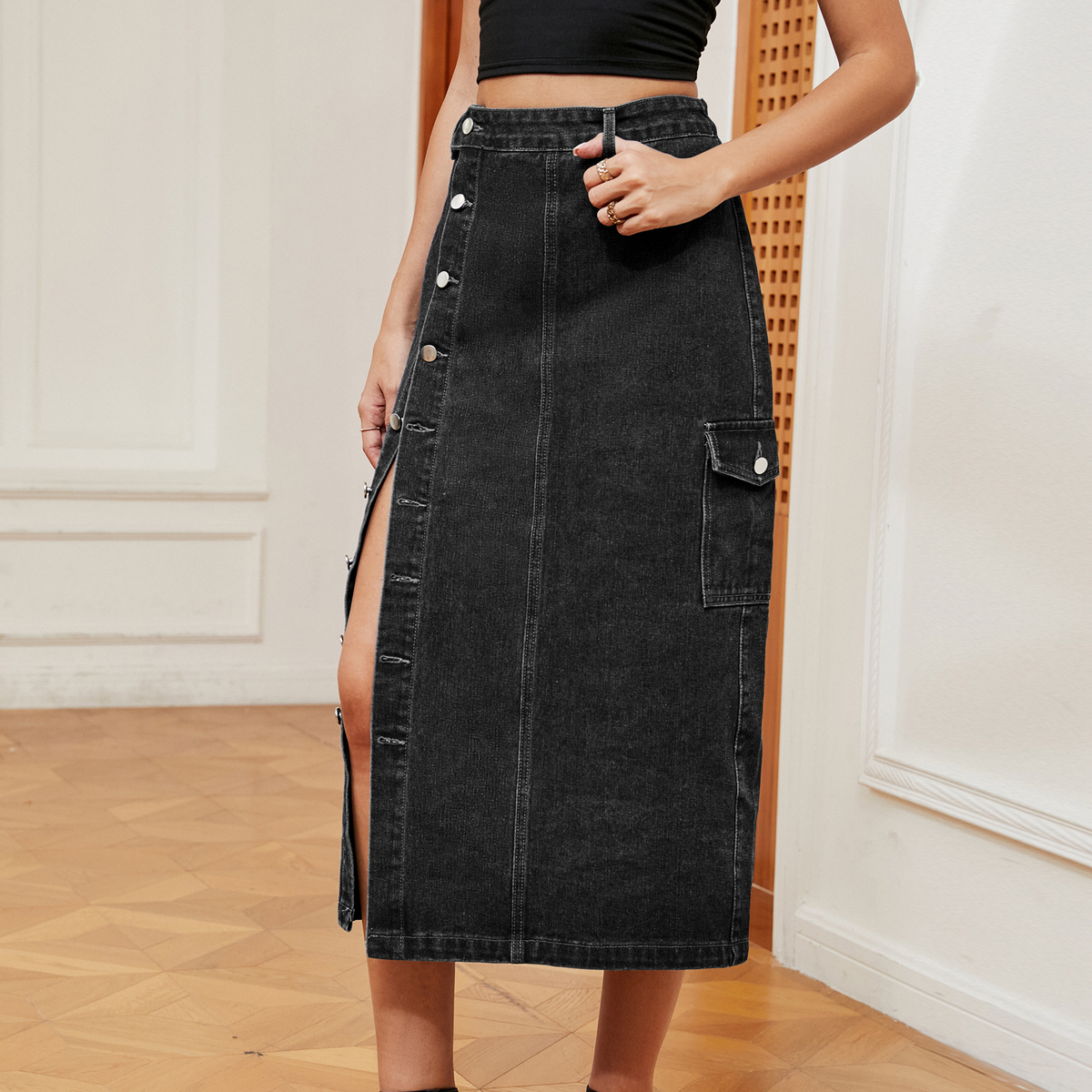 Trendy Denim Cargo Skirt Women Elastic Waist