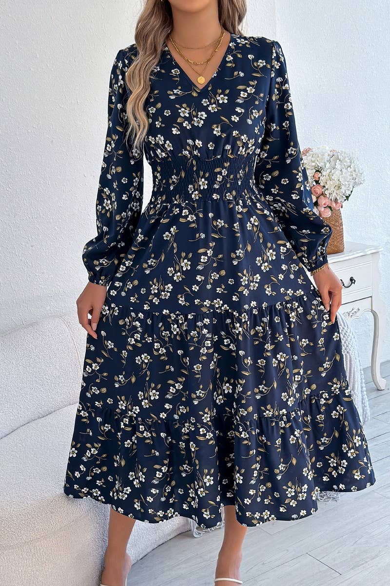 CWDMD6028_FLORAL V-NECK LONG SLEEVE RUFFLE WAIST DRESS